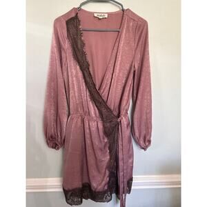 Listicle Mauve Satin Lace Trim Wrap Robe Dress Size Small